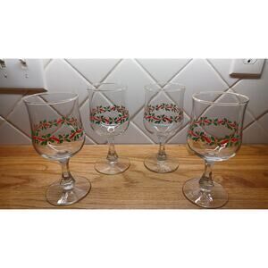 4 Vintage Libbey Water Goblet‎ Glasses with Holly Berry Trim